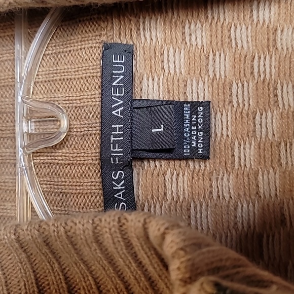 Saks Fifth Ave cashmere cardigan L sweater retro check zip front caramel cream - Picture 3 of 9